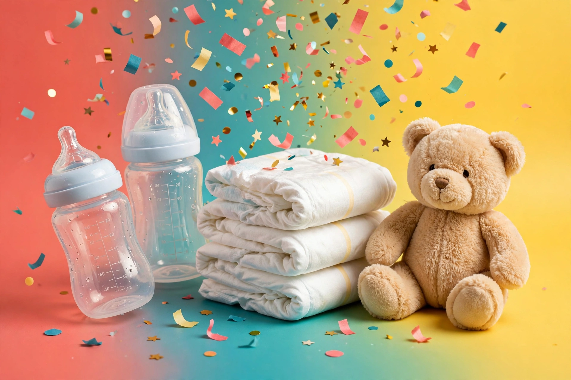 Baby bottles, diapers, and teddy bear on a colorful confetti background