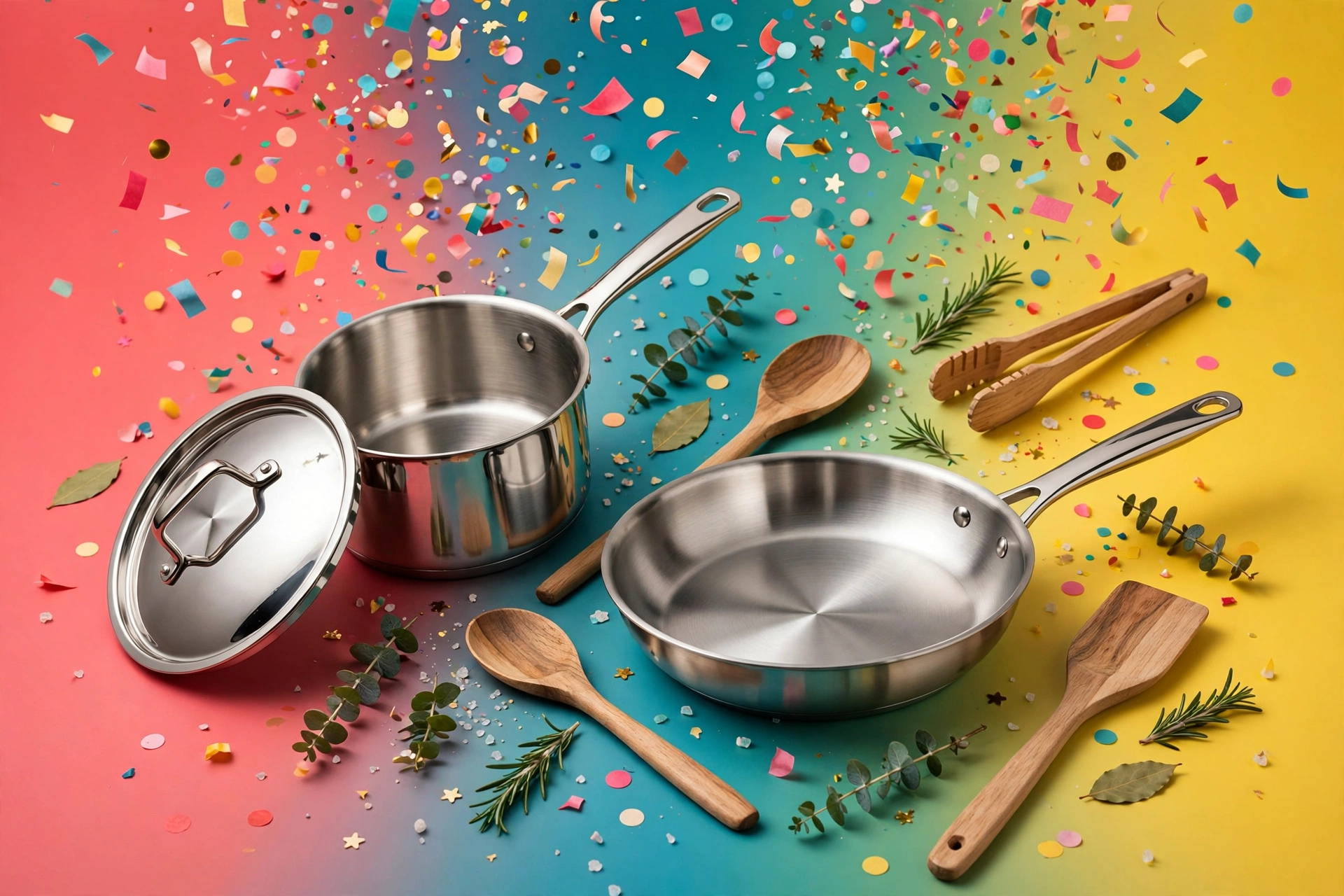 Kitchen cookware and wooden utensils on a colorful confetti background