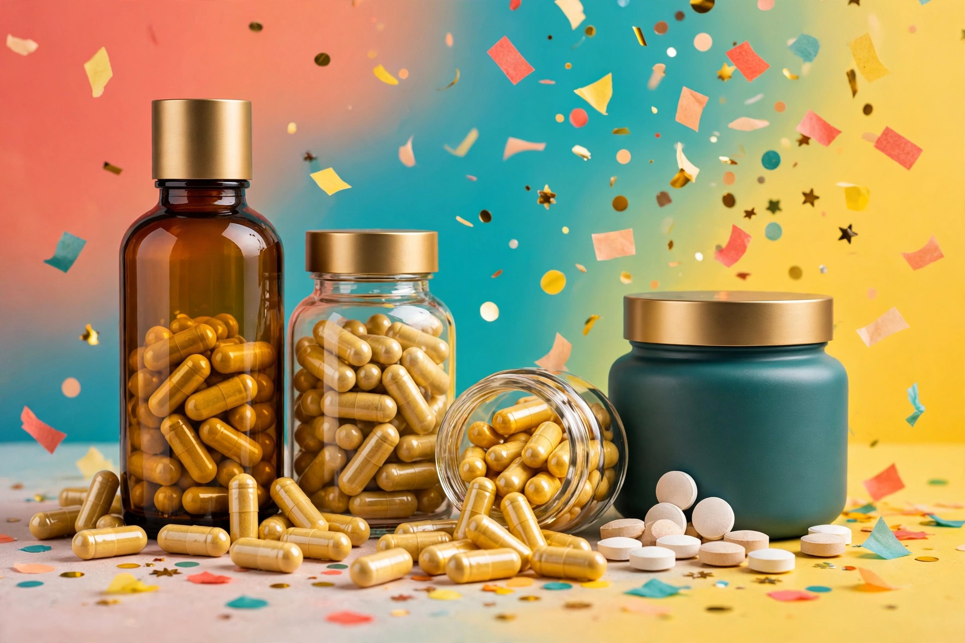 Supplement bottles and jars with gold capsules on a colorful confetti background