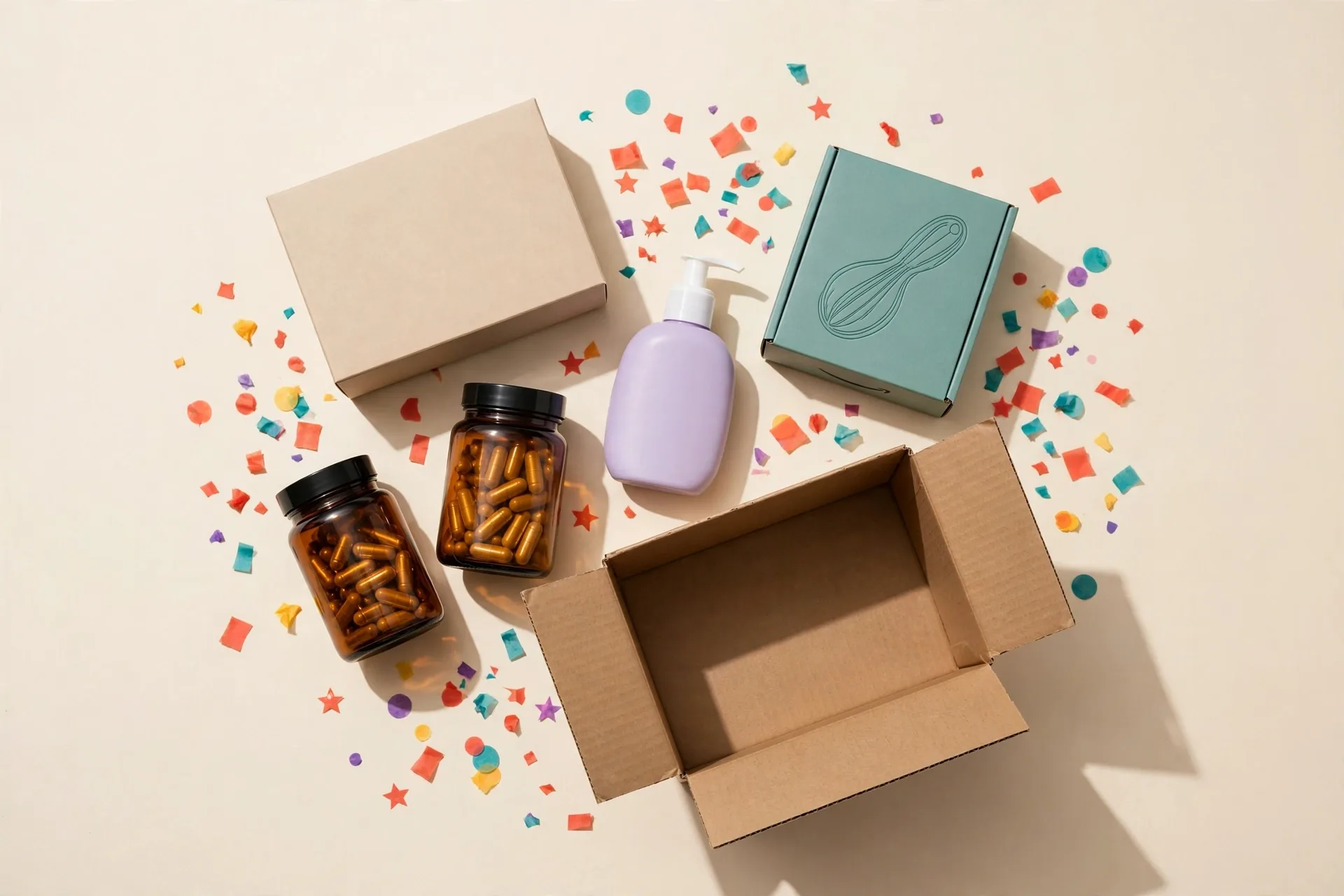 Festive flatlay of private label products, supplement jars, a pump bottle and product boxes on ivory with coral, teal and marigold confetti